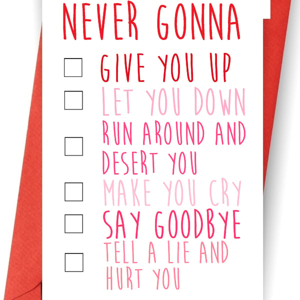 Funny Valentines day card never gonna give you up rick astley valentine card