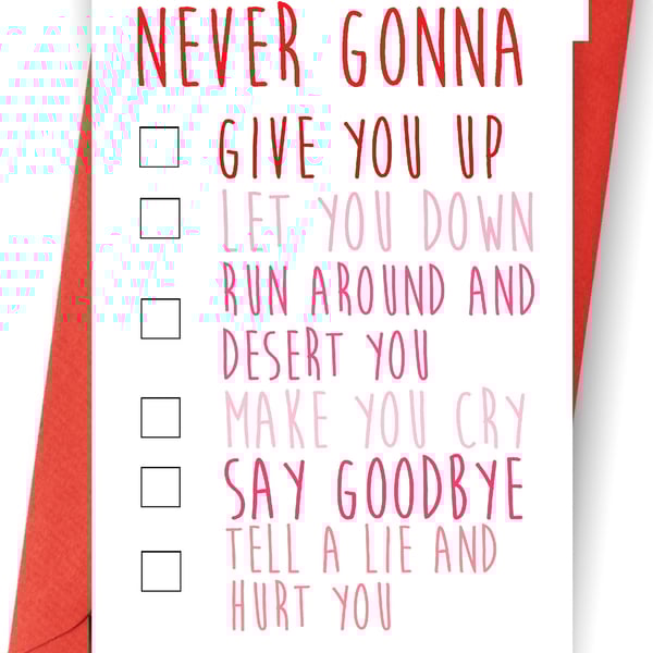 Funny Valentines day card never gonna give you up rick astley valentine card