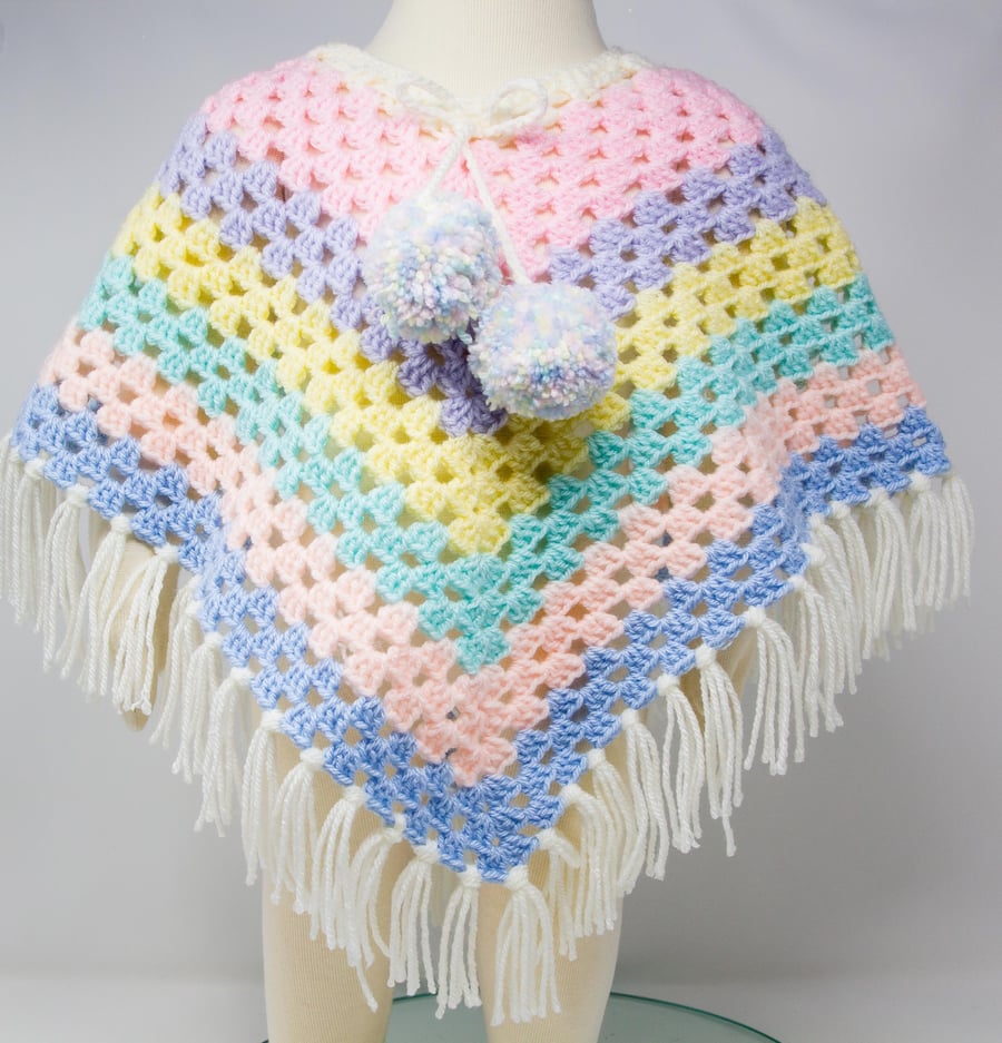 Hand Crocheted Pastel Rainbow Poncho  1 - 2 years