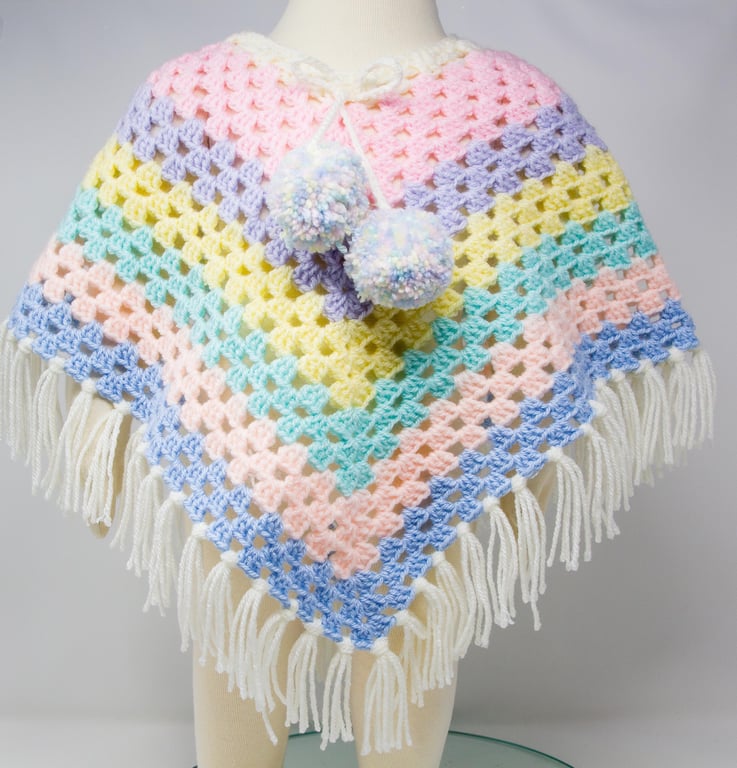 Hand Crocheted Pastel Rainbow Poncho  1 - 2 years