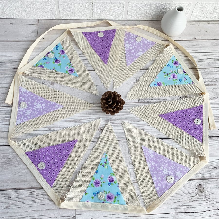 SOLD - Cream Hessian and Mauve Floral Print Fabric Bunting