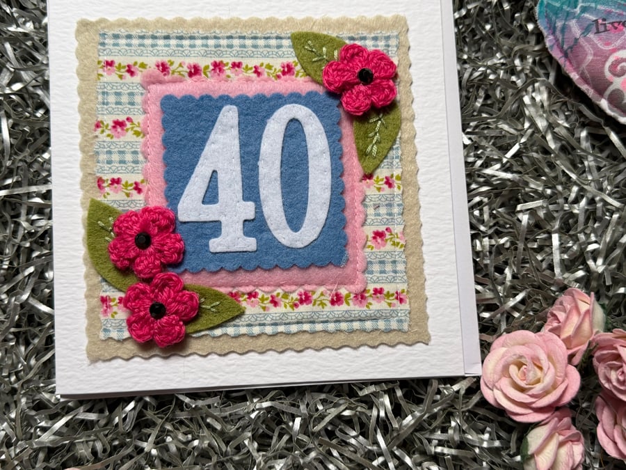 Handmade 40th fabric birthday card 