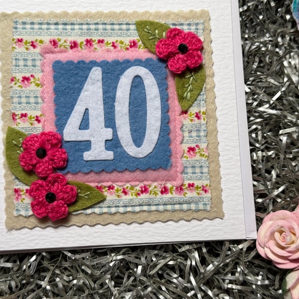 Handmade 40th fabric birthday card 