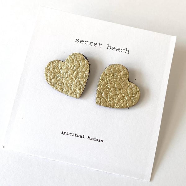 Leather Heart Stud Earrings - Metallic Gold