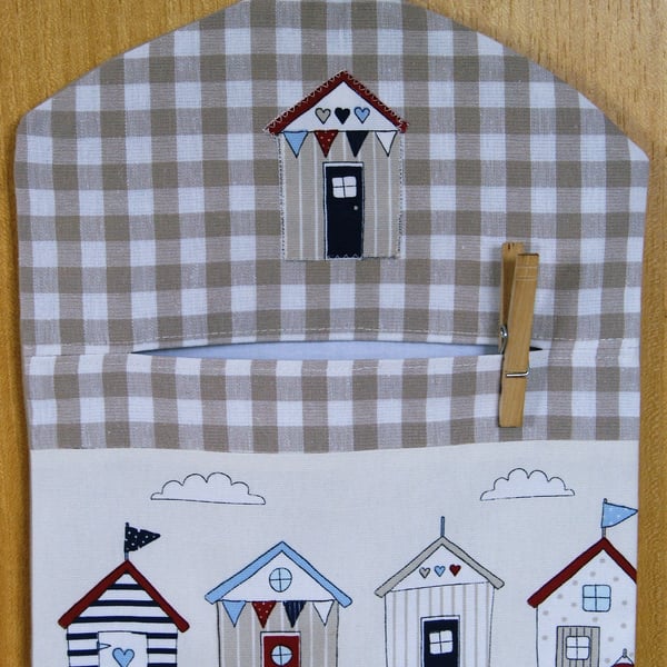 Cute Hand Made. Lined, Beach Huts Peg Bag