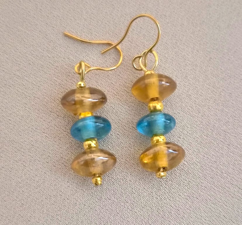 Glistening Aqua Blue and Amber Glass Saucer Bead Earrings
