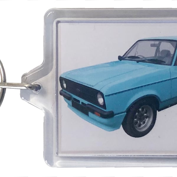 Ford Escort Mk2 Sport 1980 (Blue) - Keyring with 50x35mm Insert - Classic Car