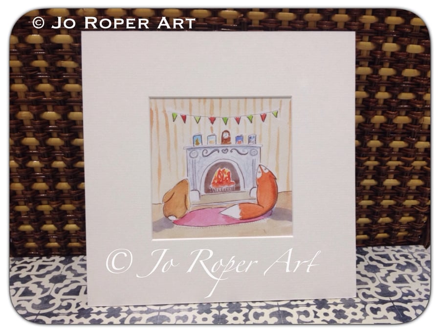 Fox and Bunny by the fire  mounted print Jo Roper 