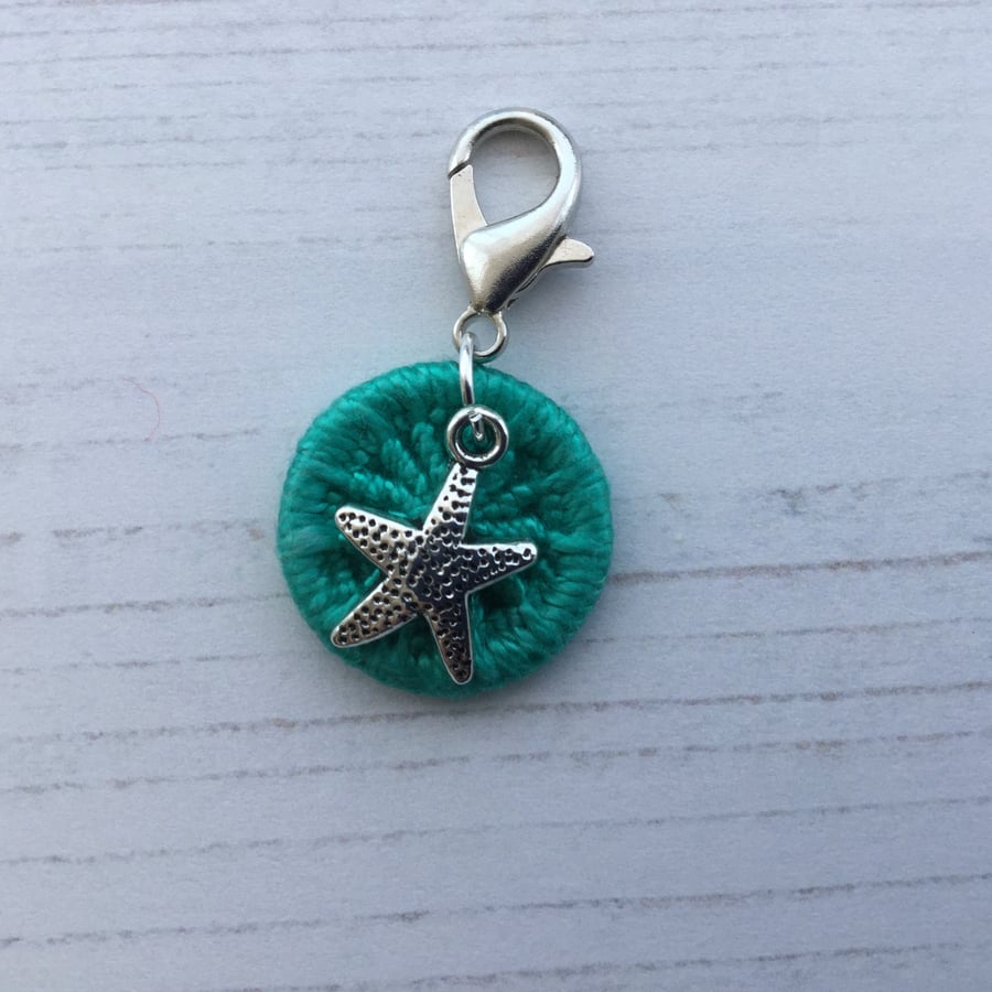 Zip Journal Bag Charm with Turquoise Dorset Button and Starfish Charm