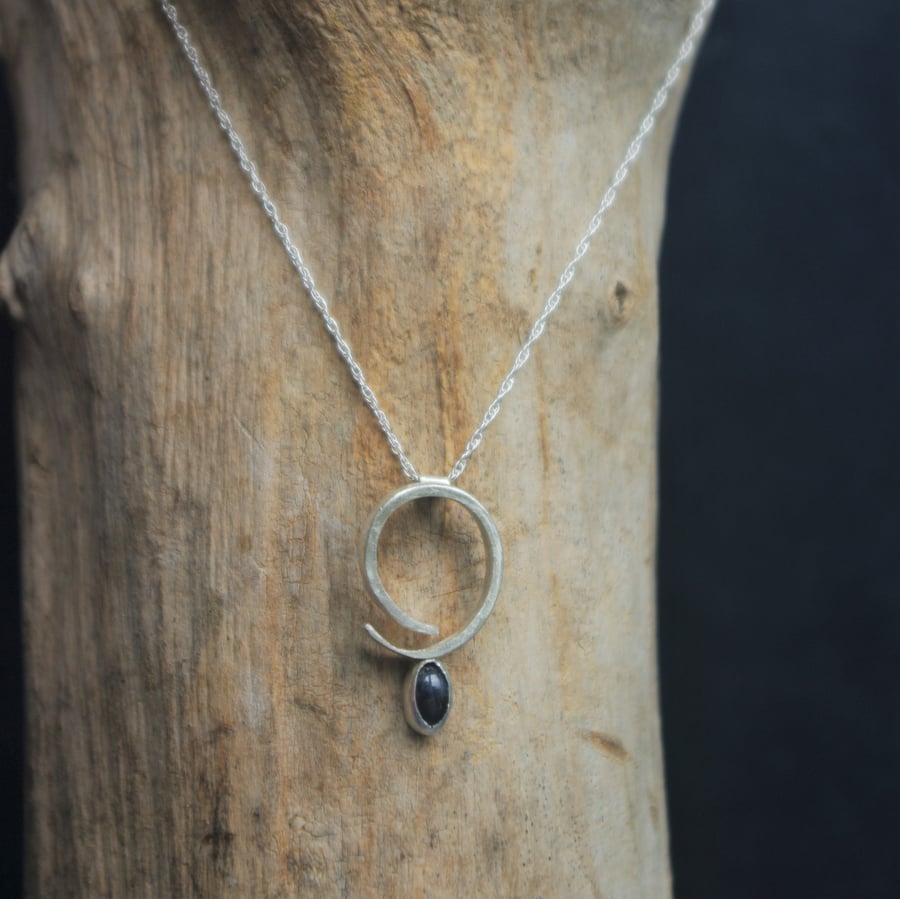 Sterling Silver Spiral and Sapphire Cabochon Pendant on a Fine Silver Chain