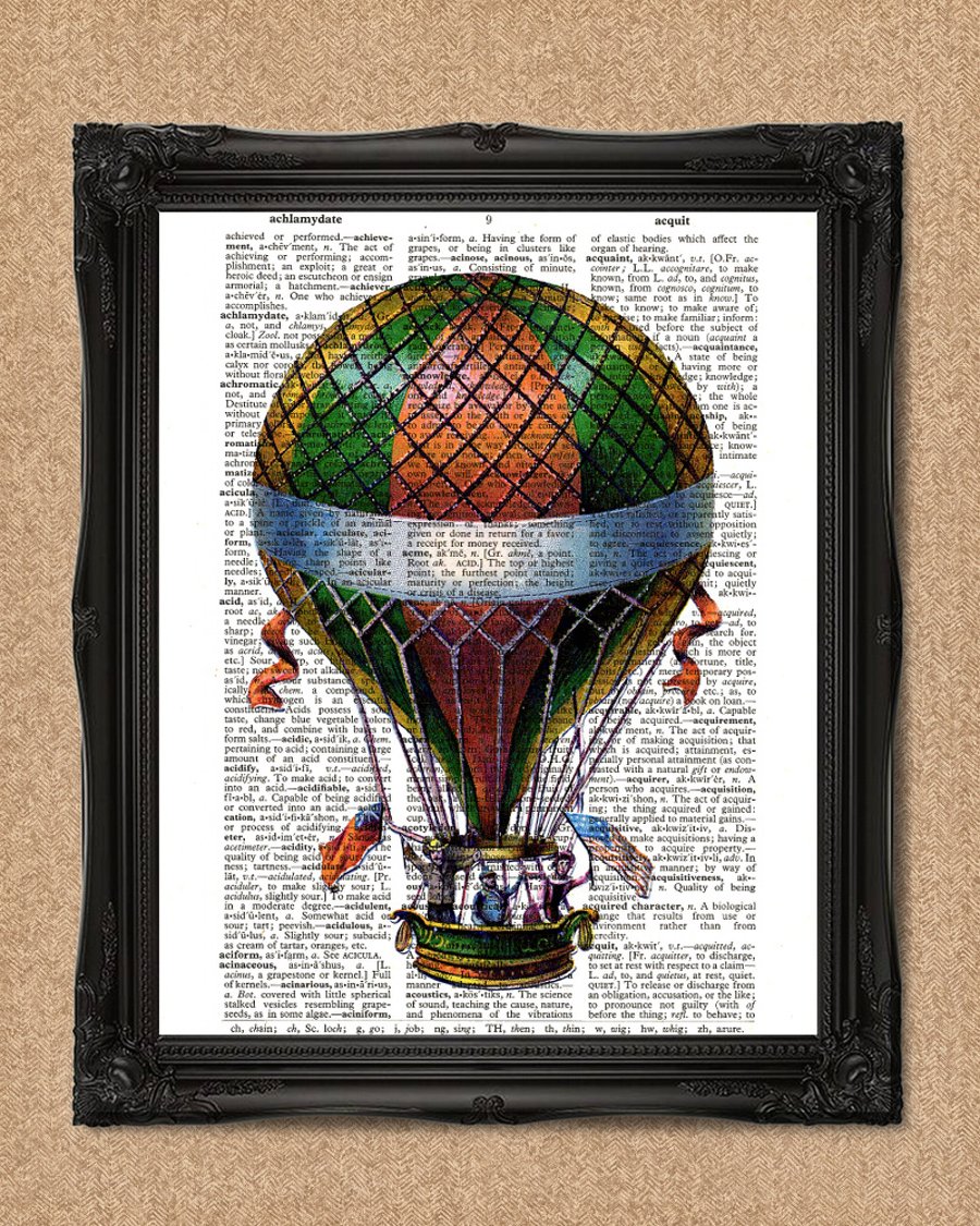 HOT AIR BALLOON DICTIONARY PRINT green, orange and yellow balloon A126D