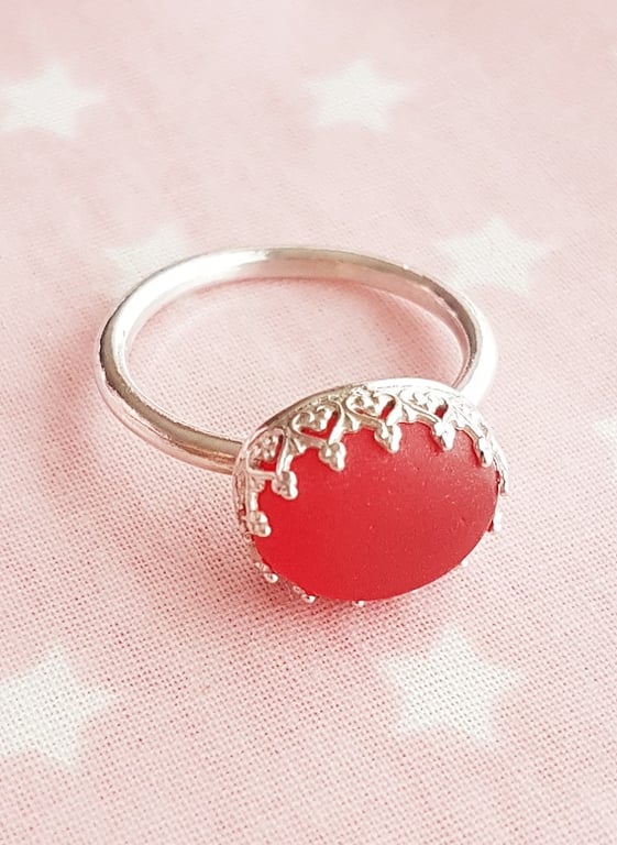 Sterling Silver and Red Seaglass Ring