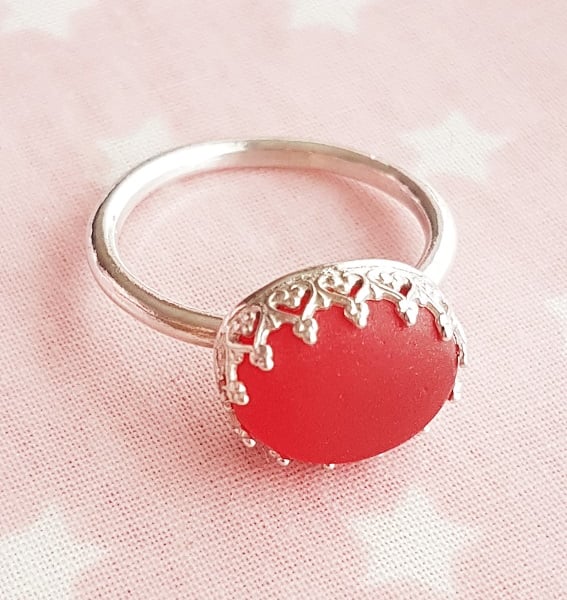 Sterling Silver and Red Seaglass Ring