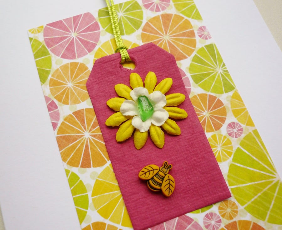 Pink and Citrus Bee Sea Glass Embellished Greetings Card