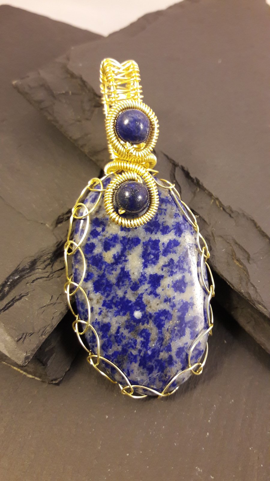 Lapis Lazuli Netted in Gold-Plated Wire Pendant
