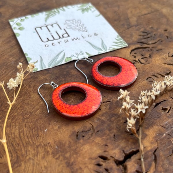 Handmade Ceramic Hoop Earrings, Bright Orange Clay Hoops, Made From Foraged Clay