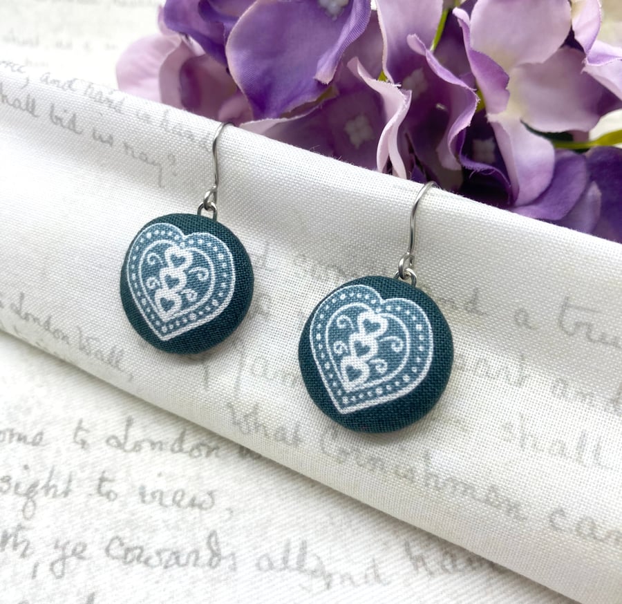 Perfectly Imperfect - Scandi love Hearts fabric button dangle earrings