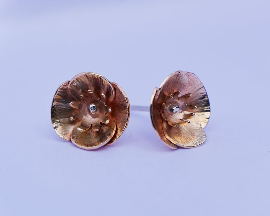 Gold Welsh Poppy Earrings: 9ct Gold with Sterling Silver