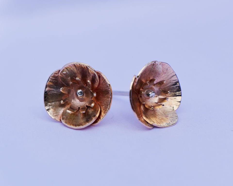Gold Welsh Poppy Earrings: 9ct Gold with Sterling Silver