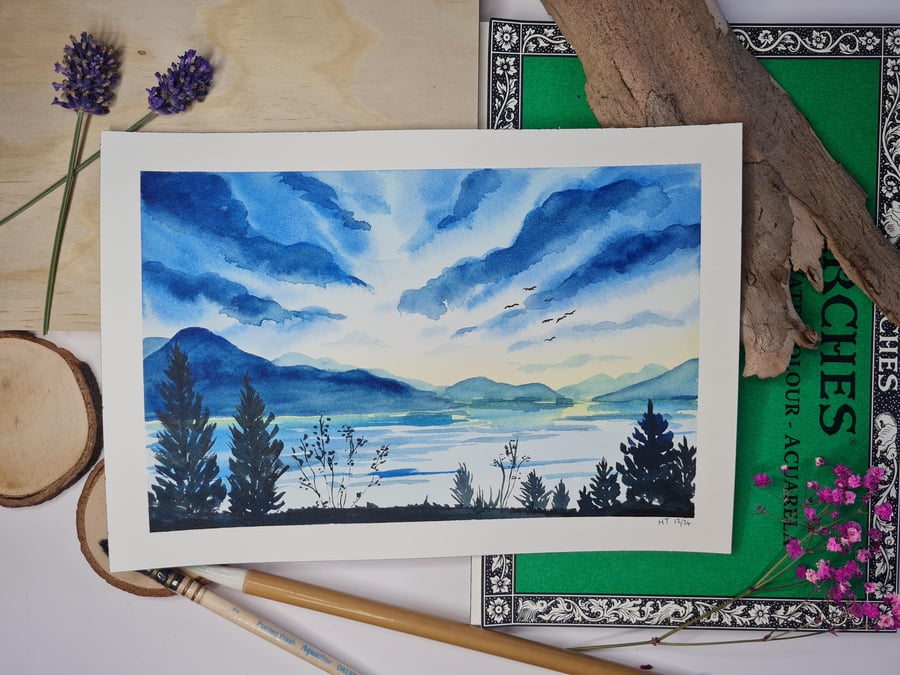 Peaceful waters original watercolour painting, small blue lake landscape art