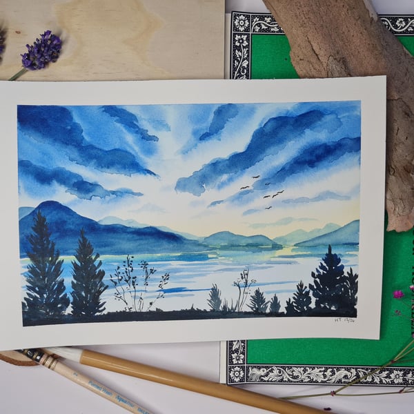 Peaceful waters original watercolour painting, small blue lake landscape art