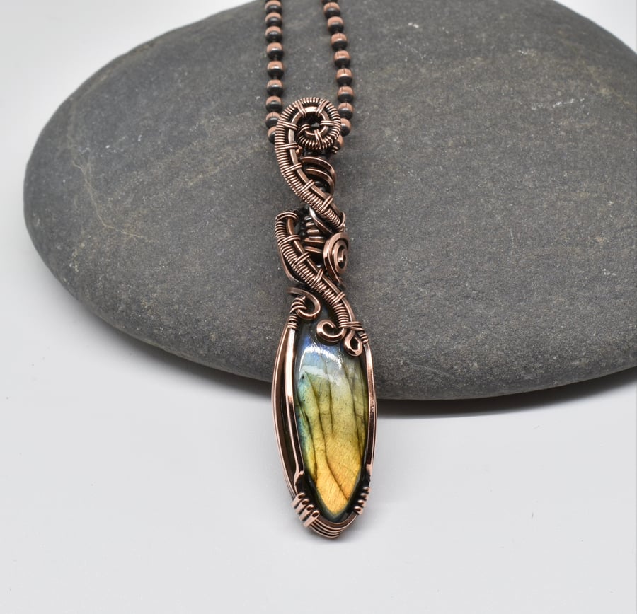 Wire Wrapped Green Labradorite and Copper One of a Kind Unisex Pendant