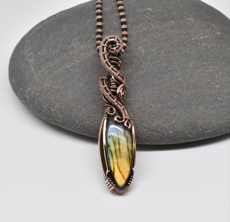 Wire Wrapped Green Labradorite and Copper One of a Kind Unisex Pendant