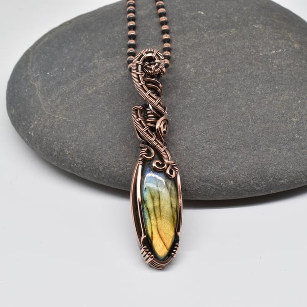 Wire Wrapped Green Labradorite and Copper One of a Kind Unisex Pendant