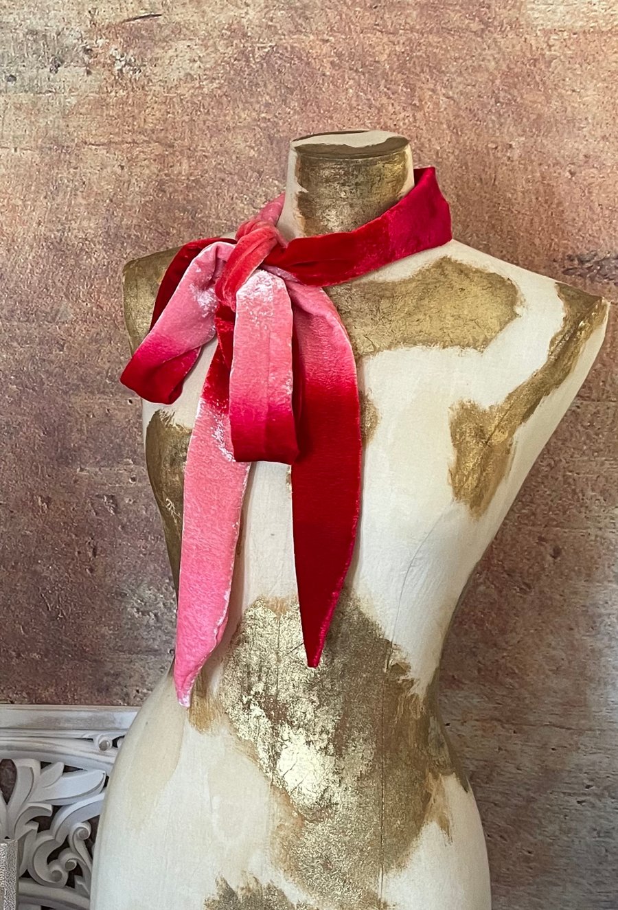 Narrow, long painted velvet scarf