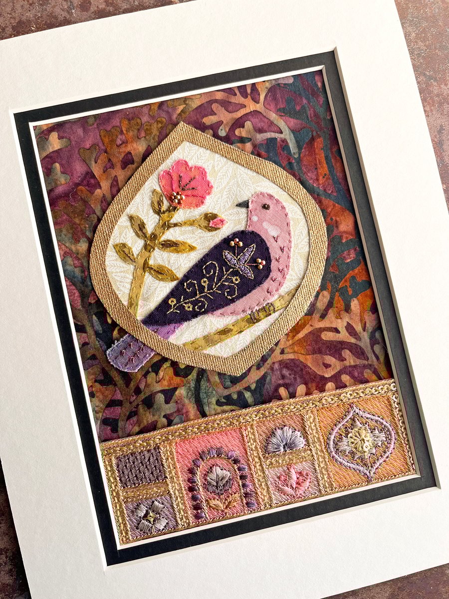 Folk bird textile picture, gift for bird lover, hand sewn, fabric bird artwork