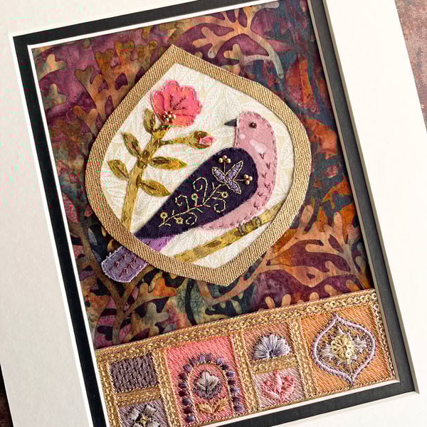 Folk bird textile picture, gift for bird lover, hand sewn, fabric bird artwork