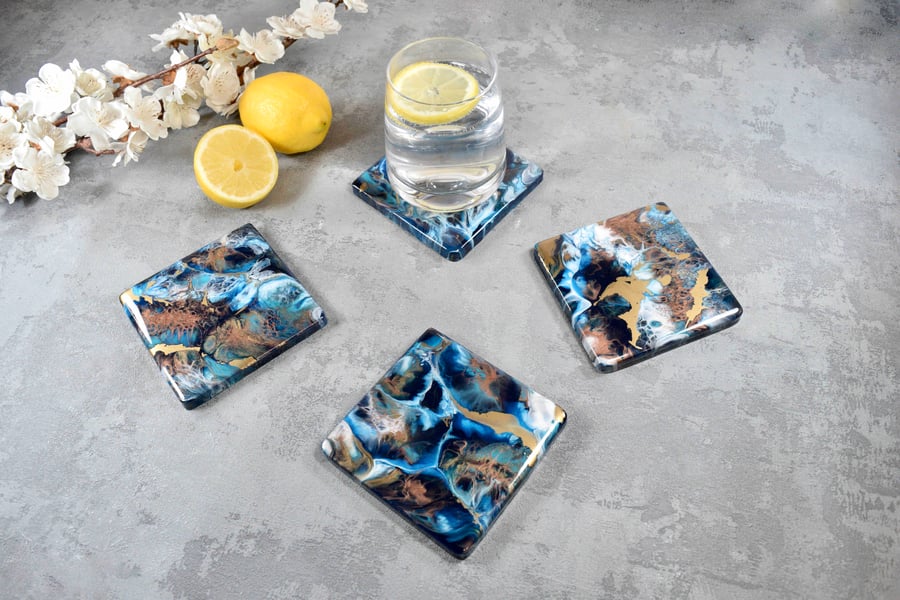 Set of 4 Drinks Coasters with Blue Gold Bronze ... - Folksy