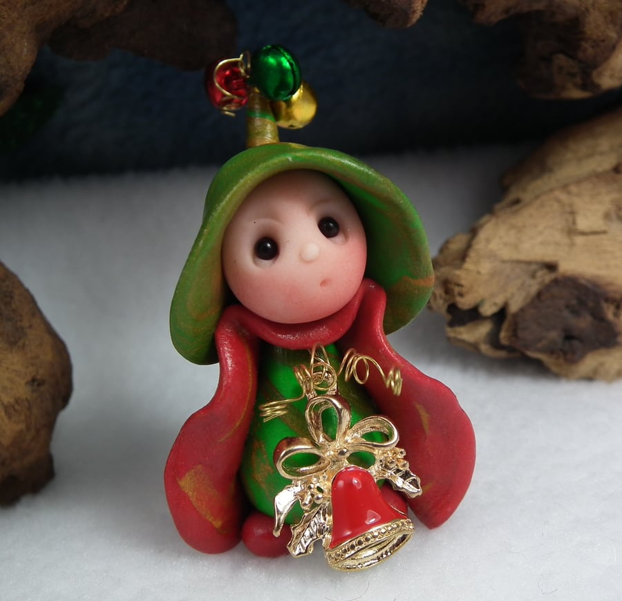 'Xia' Tiny Christmas Gnome Elf with bells OOAK Sculpt by Ann Galvin
