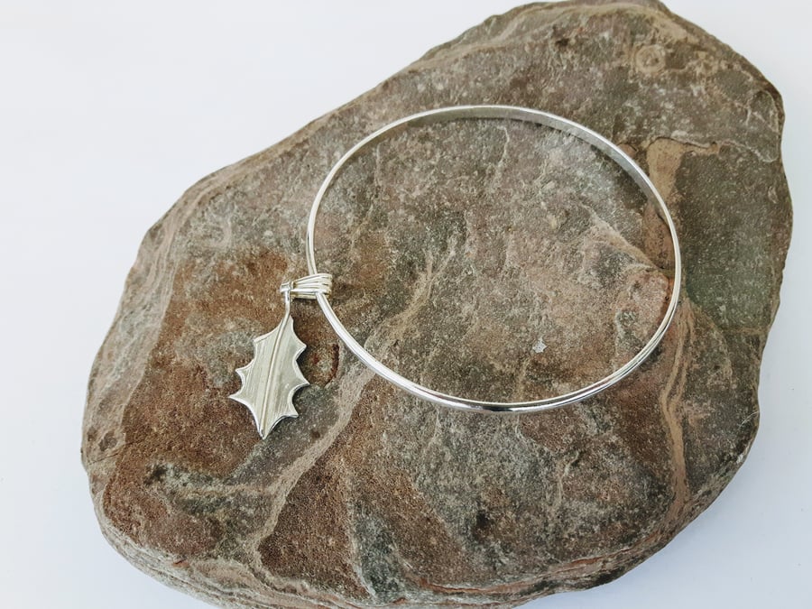 Sterling Silver Bangle with Holly Leaf Charm, Christmas Gift
