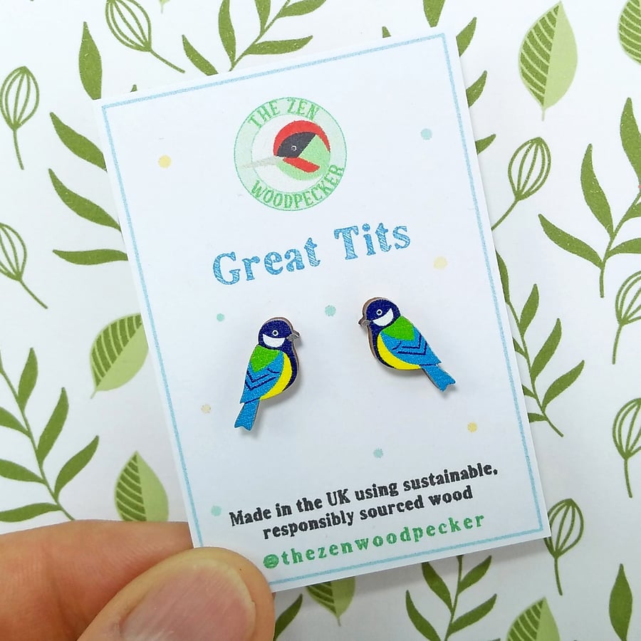 Great Tit Earrings, Wooden Bird Studs, Silver Plated or Sterling Silver Backs