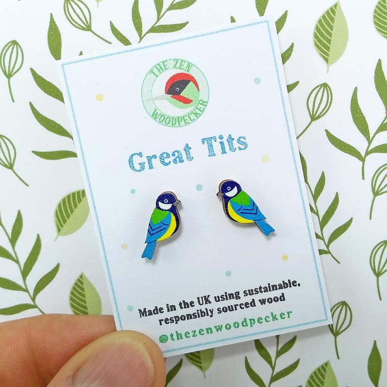 Great Tit Earrings, Wooden Bird Studs, Silver Plated or Sterling Silver Backs