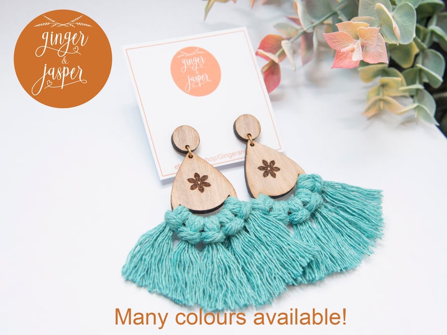 Teal Macrame Earrings, Boho Blue Fringe Dangle Earrings, Hippy Boho Style Gift