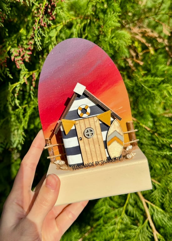 Handmade Miniature Blue Beach Hut Ornament, Sunset Art, Sand & Seashells
