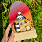 Handmade Miniature Blue Beach Hut Ornament, Sunset Art, Sand & Seashells