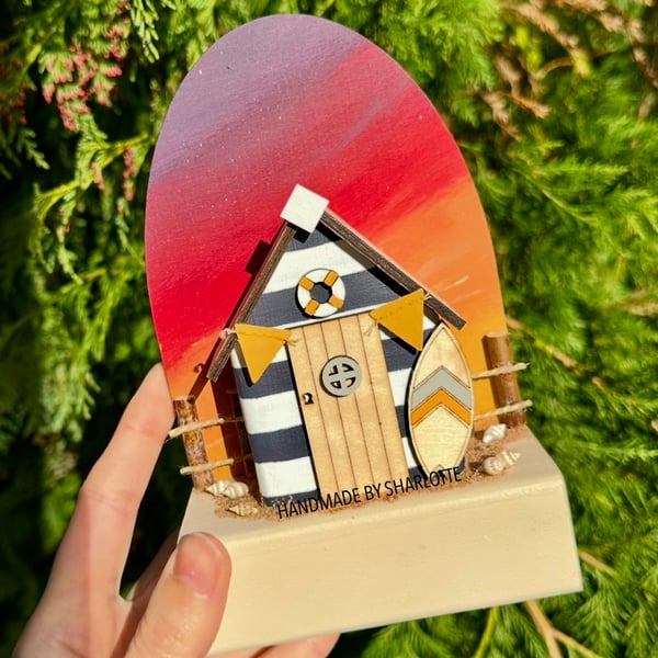 Handmade Miniature Blue Beach Hut Ornament, Sunset Art, Sand & Seashells