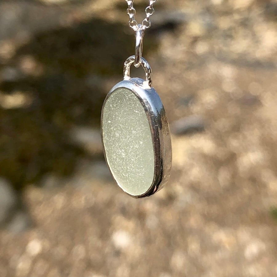 Stunning Simple Whte Sea Glass and Sterling Silver Pendant Necklace - 1219