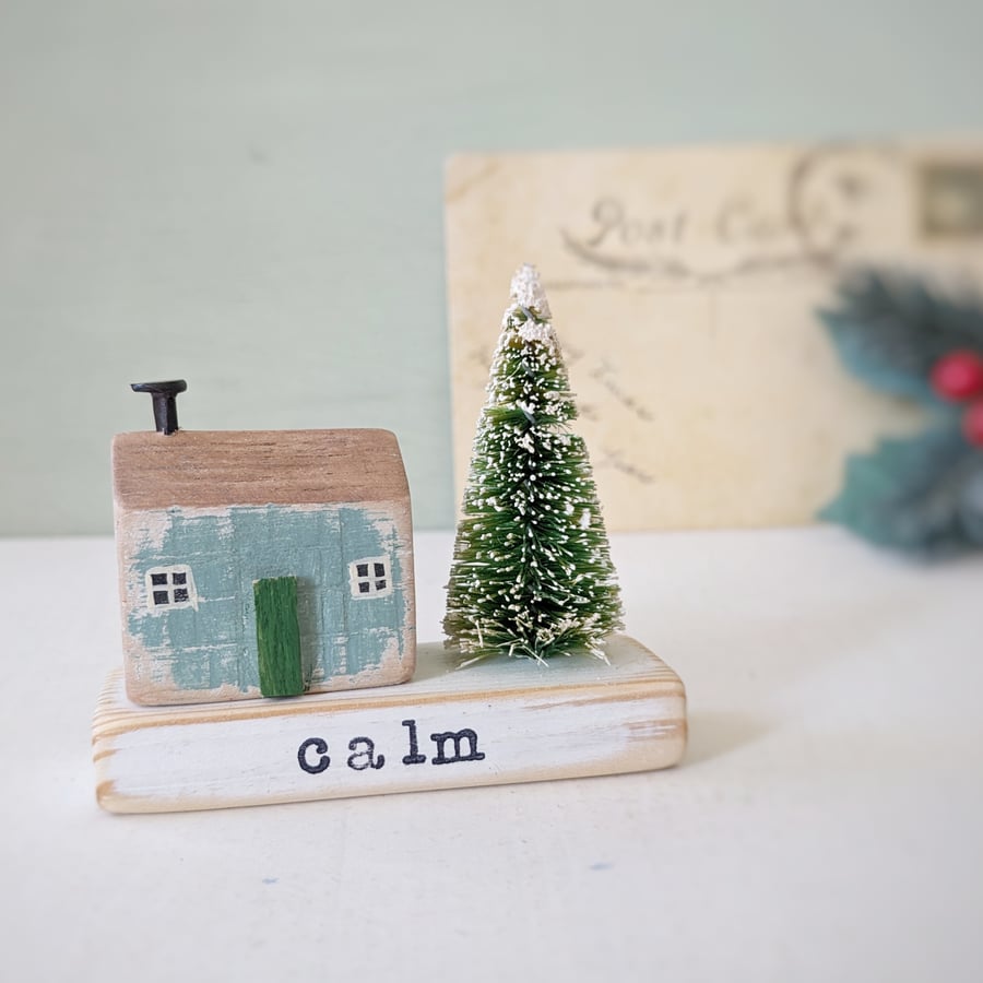 Little Wooden Handmade House in a Bag with Christmas Tree Calm