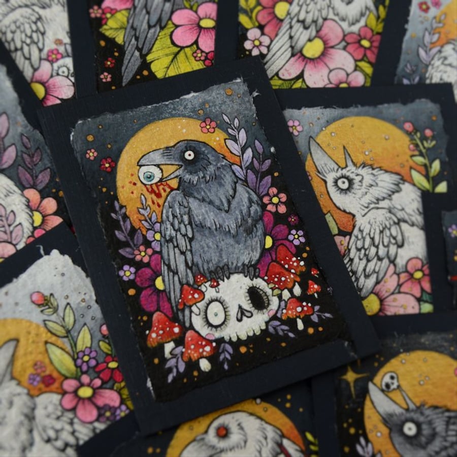black crow in spring blossom - original aceo illustration