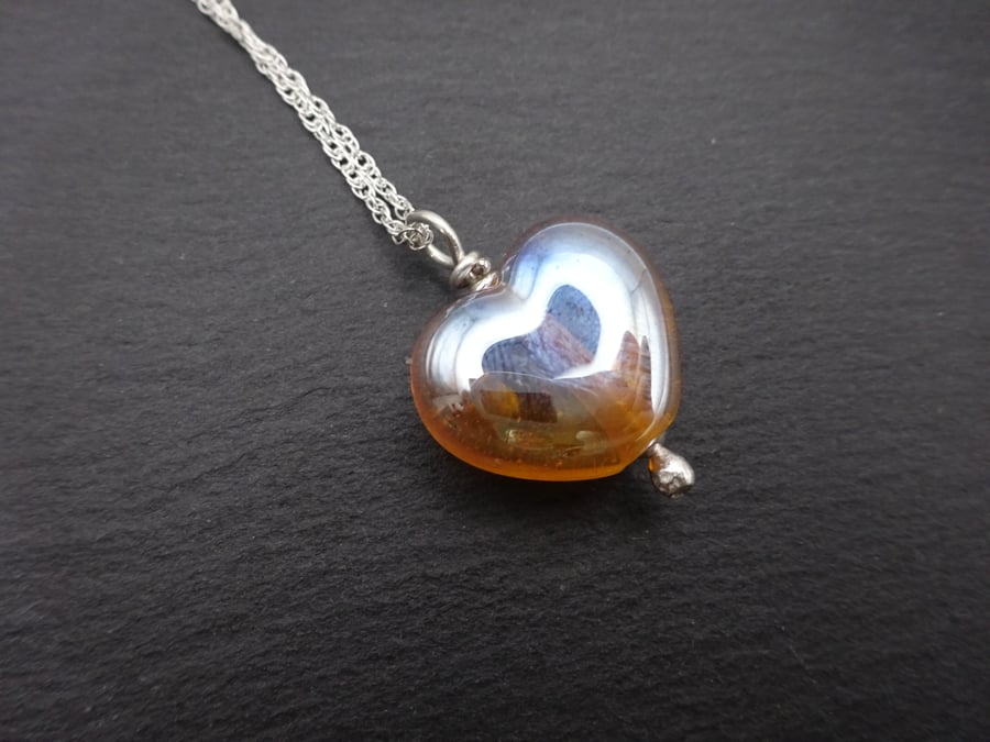 lampwork glass gold heart pendant necklace, sterling silver chain