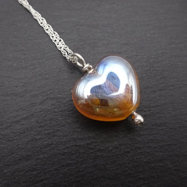 lampwork glass gold heart pendant necklace, sterling silver chain