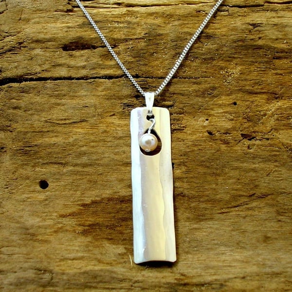 Hammered Sterling Silver Pendant, Silver and Pearl Necklace, Handmade.