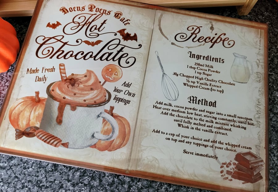 Hocus pocus cafe,hot chocolate design glass chopping board A4