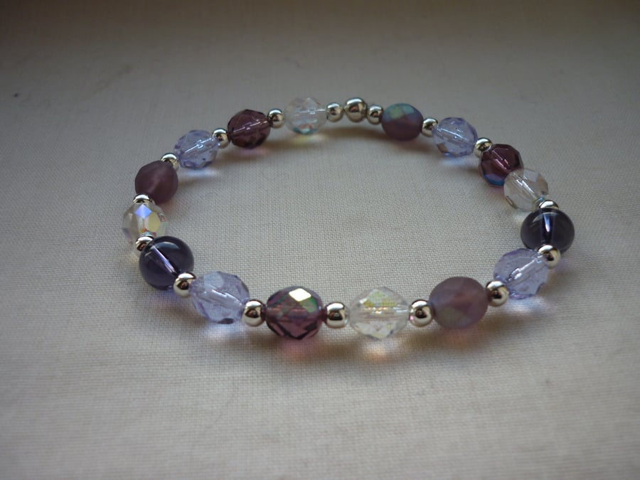 PURPLE, PINKS, LILAC, AB CRYSTAL AND SILVER BRACELET.  1103