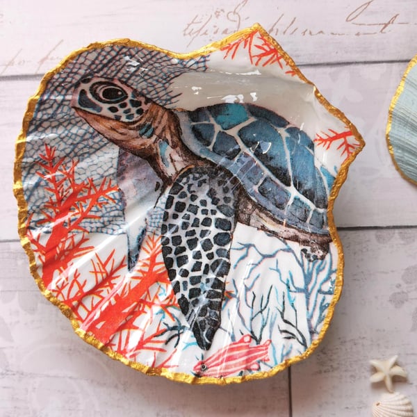 Scallop Shell Jewellery Dish, Ocean Turtle Design