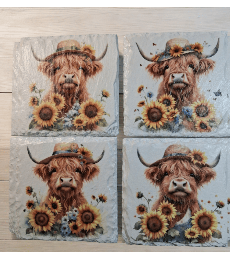 Highland Cow Decoupaged Slate Coaster Set of 4